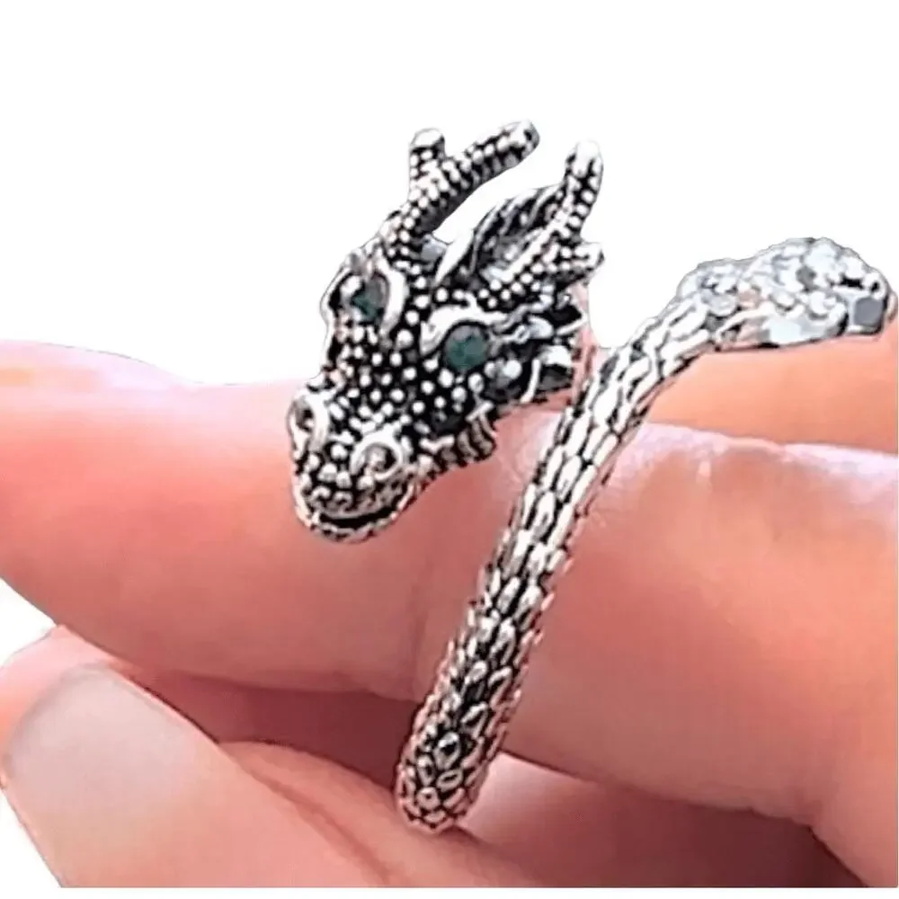 NIB Chinese‎ Green Eye Gem Dragon - Adjustable Diamon Stud Wrap Ring - Size 9W -